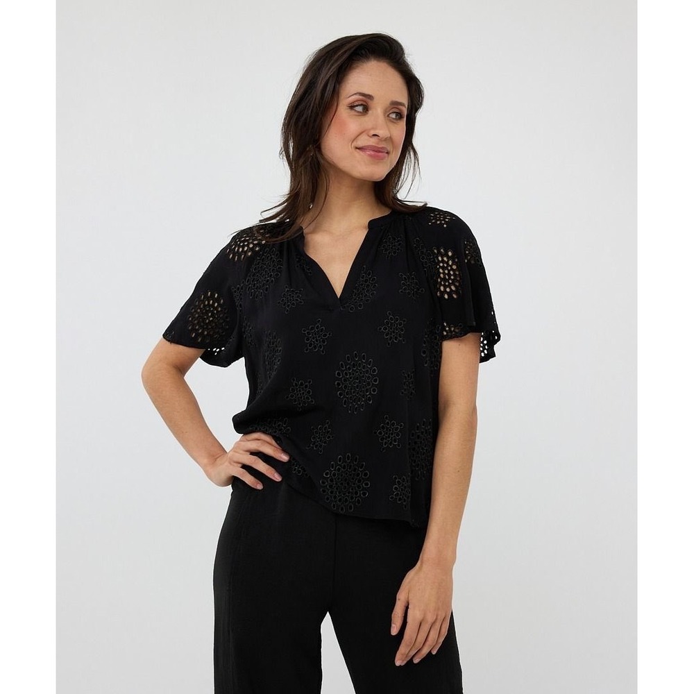 Esqualo Black Eyelet Embroidered Split Neck Flutter Sleeve Top US 6 EU 36